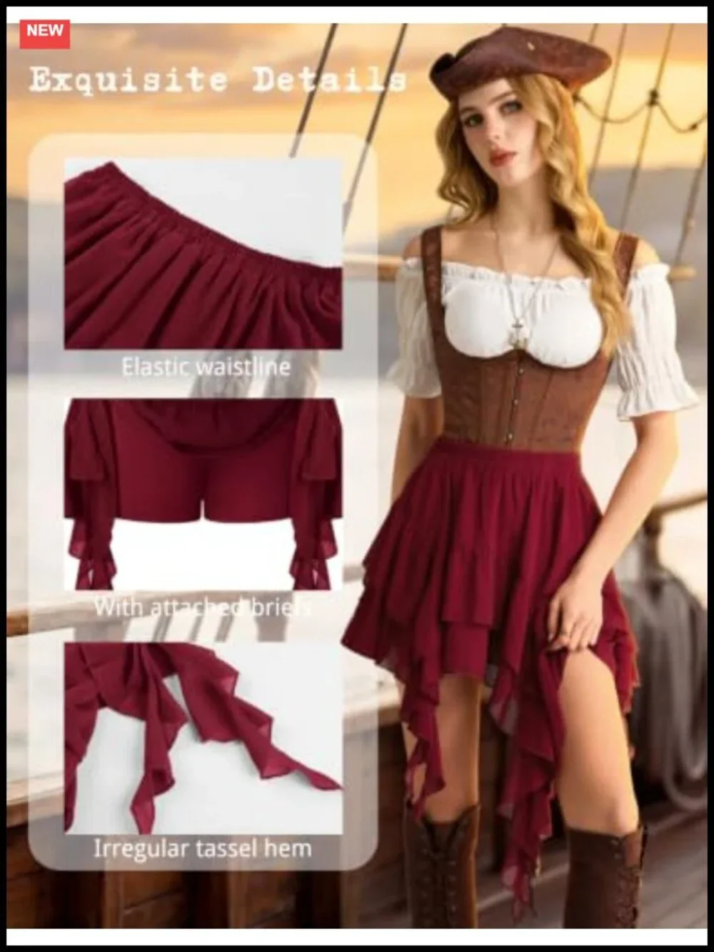 Boho Tiered Ruffle Skort with Built-in Shorts, Asymmetrical Hem, Elastic Waist